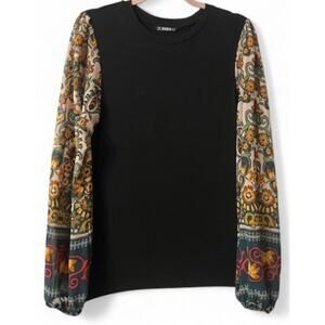 Festival Black Top Large Boho Artsy Sheer Floral Paisley Statement‎ Sleeves